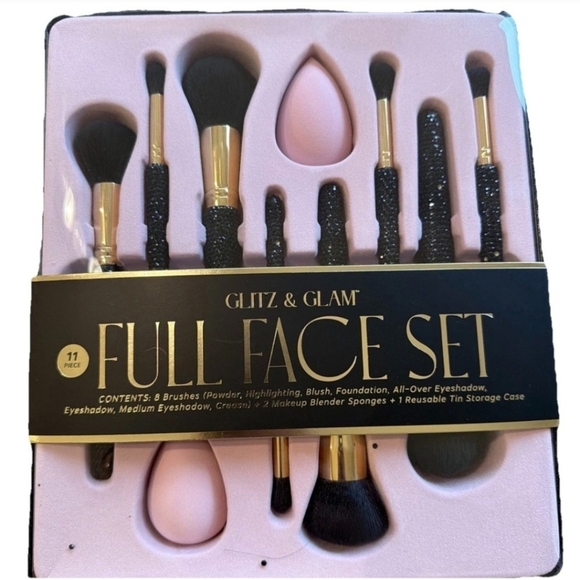 🖤 Glitz and Glam 11 Piece Full Face Set Rhinestone Makeup BlackBrush Gift Set